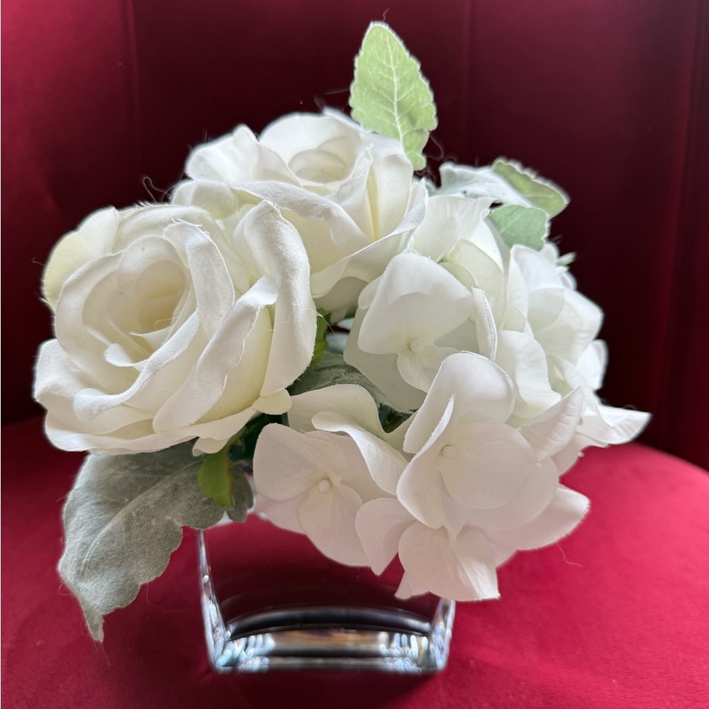 LIKE NEW silk flower arrangement in square silver mirrored glass container